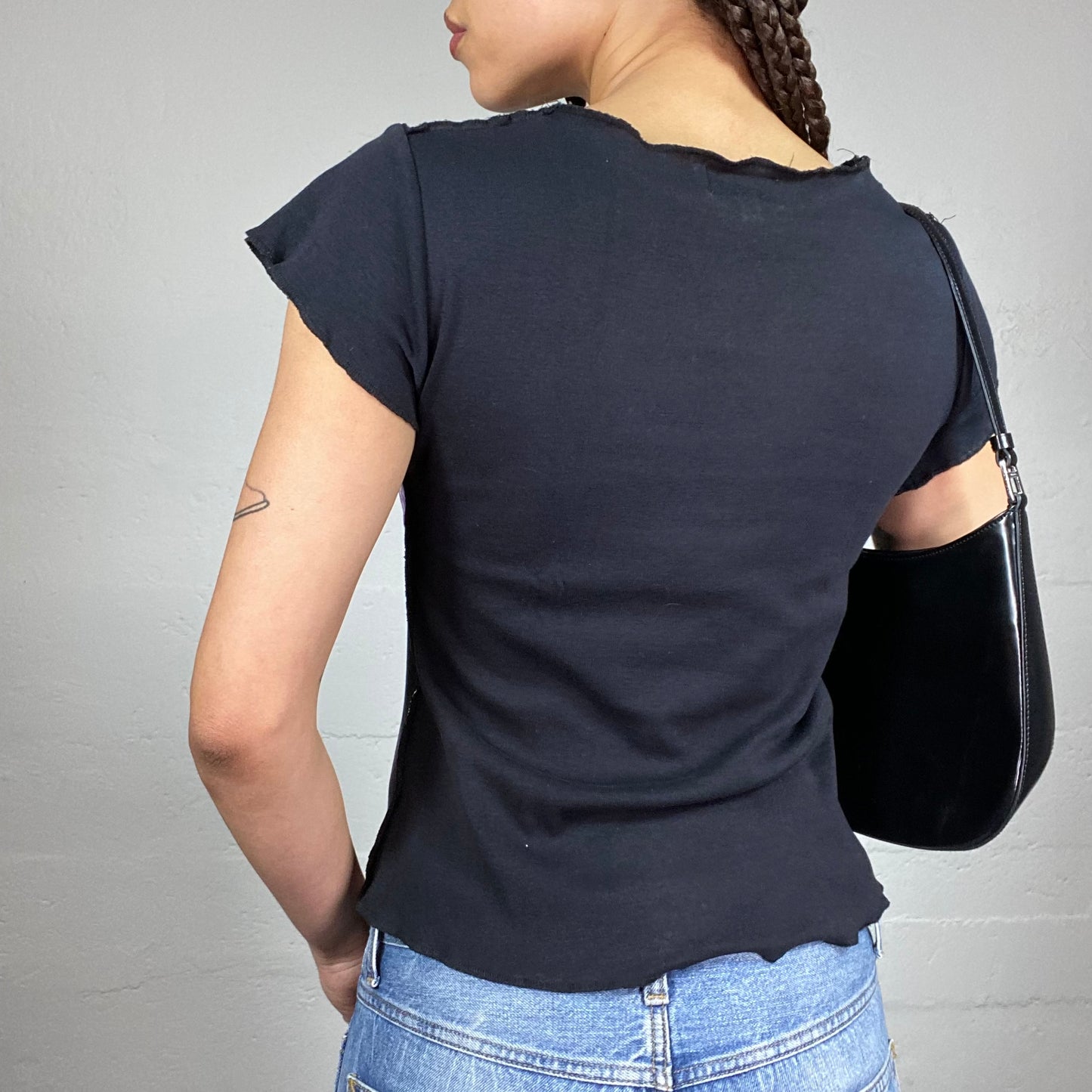 Vintage 2000's Sleaze Black Top with Pink Mixed Typography Print (S/M)