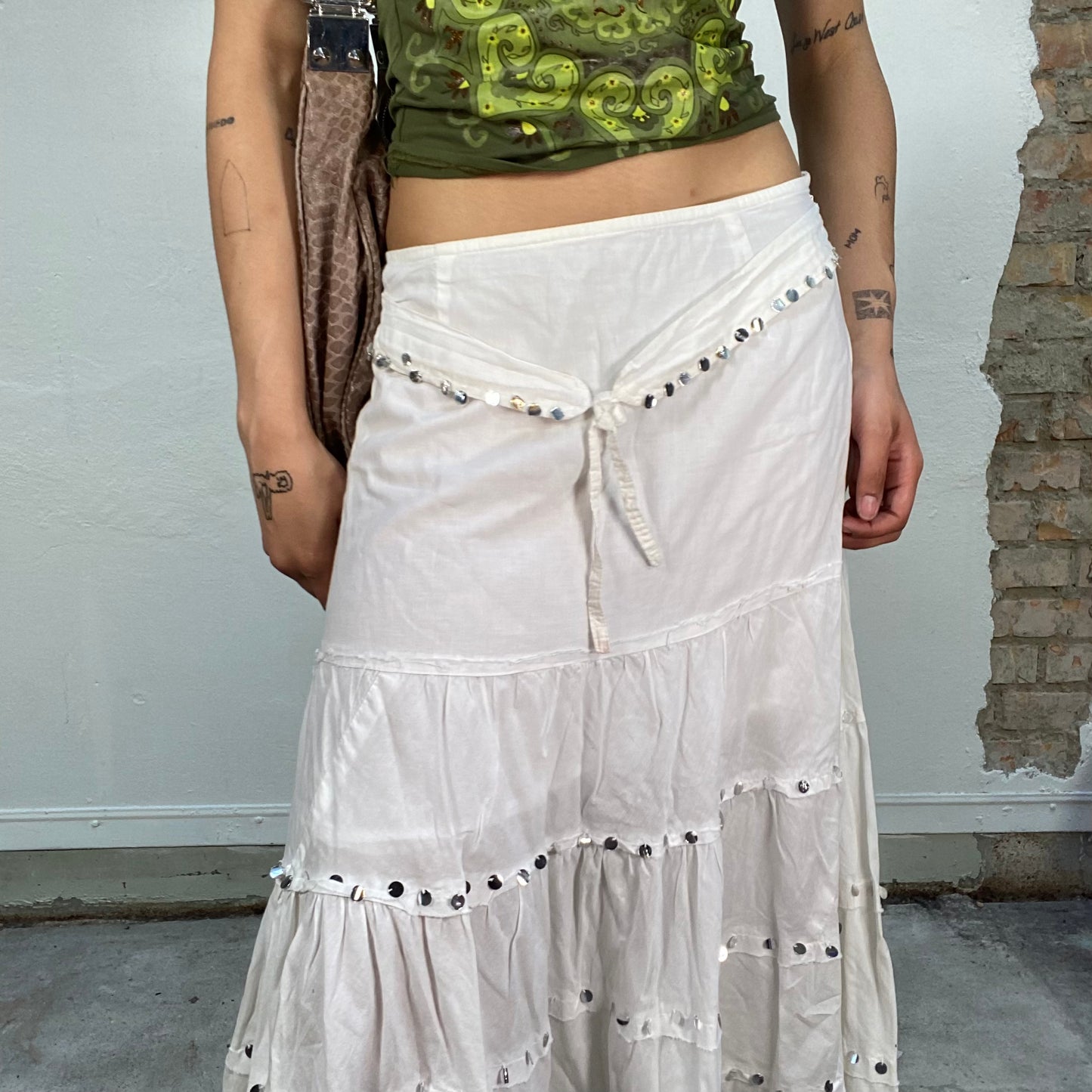 Vintage 2000's Indie White A-Line Maxi Skirt with Silver Sequin Detail (S/M)