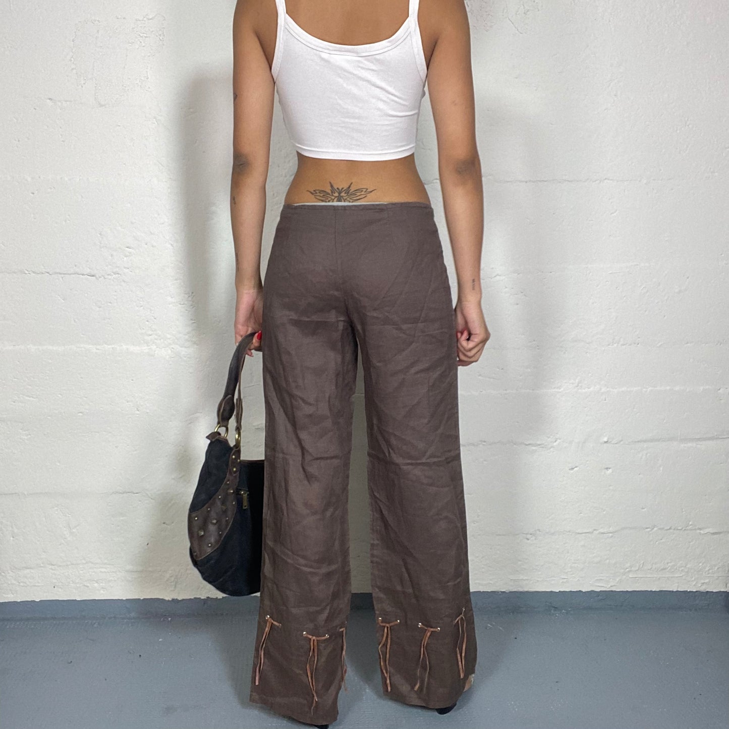 Vintage 90's Sleaze Brown Culotte Pants with Tie Up Pants and Bottom Detail (S)