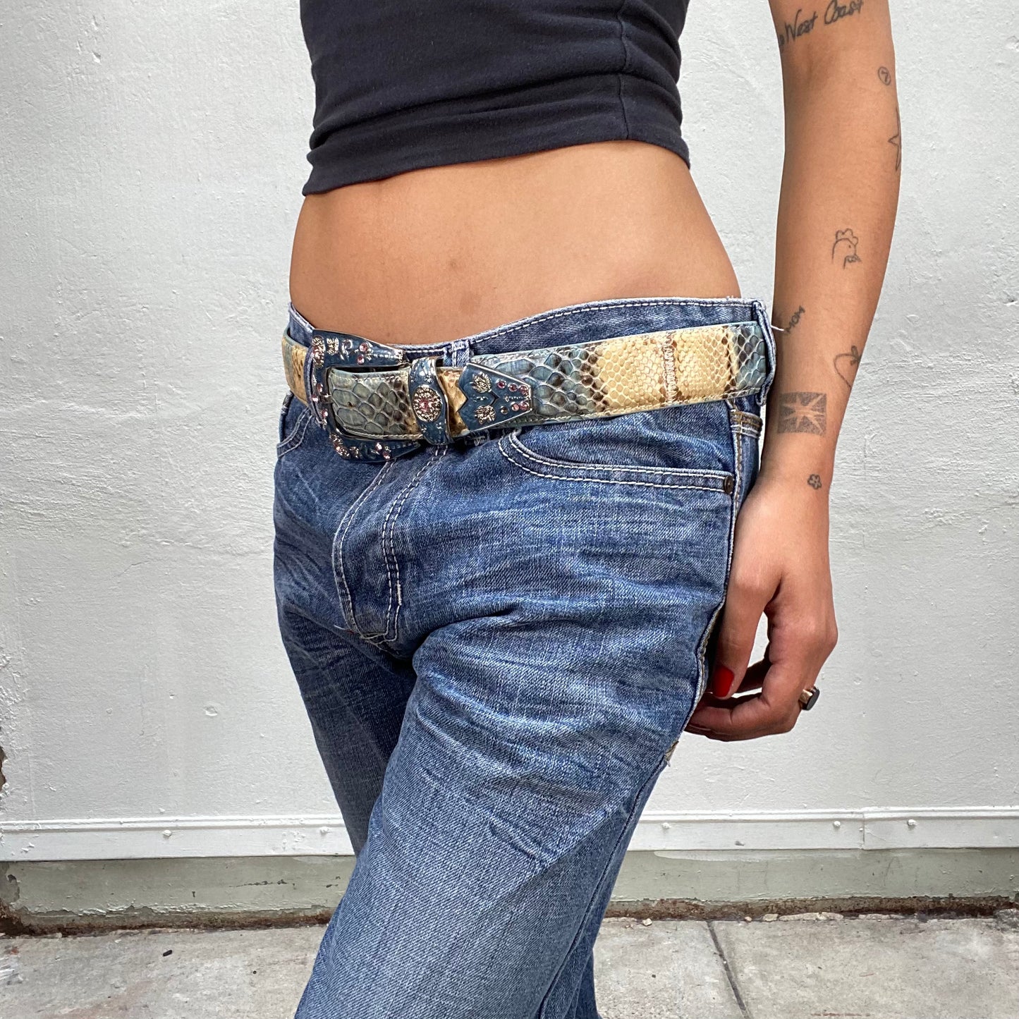 Vintage 2000's Western Turquoise and Beige Snake Belt with Chunky Silver Buckle