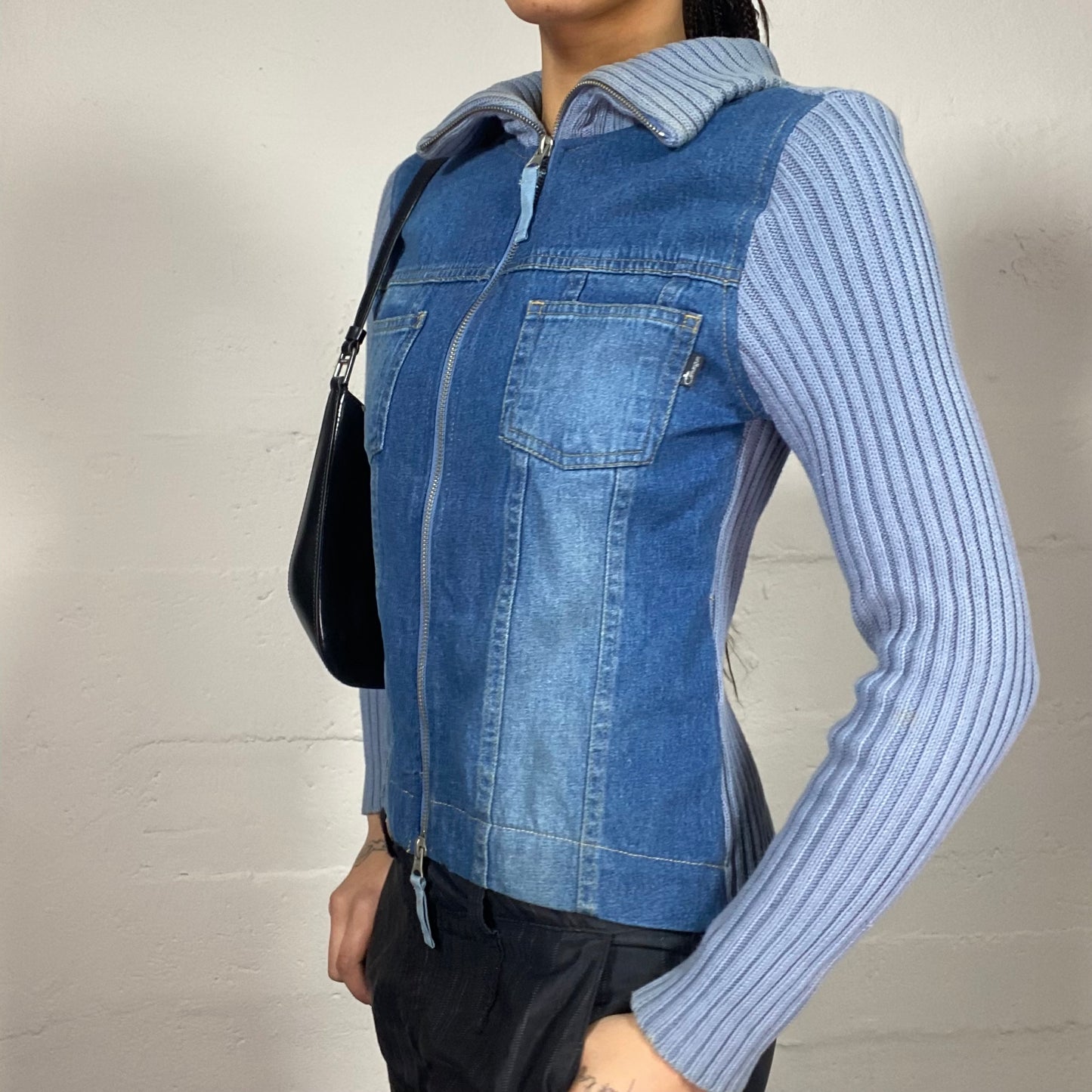 Vintage 2000's Cyber Baby Blue Maille and Denim Panel Short Jacket (S)