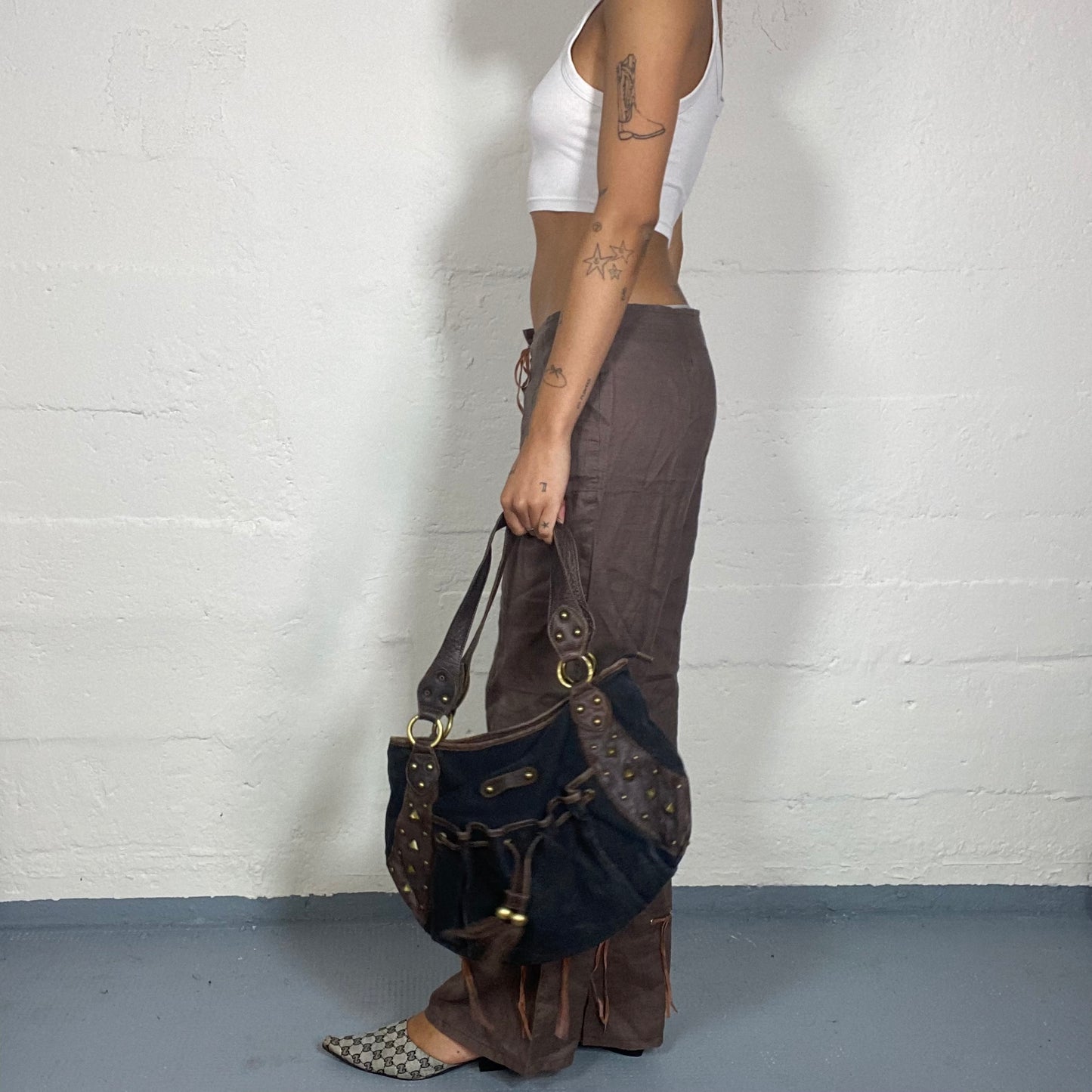 Vintage 90's Sleaze Brown Culotte Pants with Tie Up Pants and Bottom Detail (S)