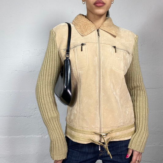 Vintage 90's Downtown Girl Beige Short Jacket with Knitted Sleeves Detail (L)