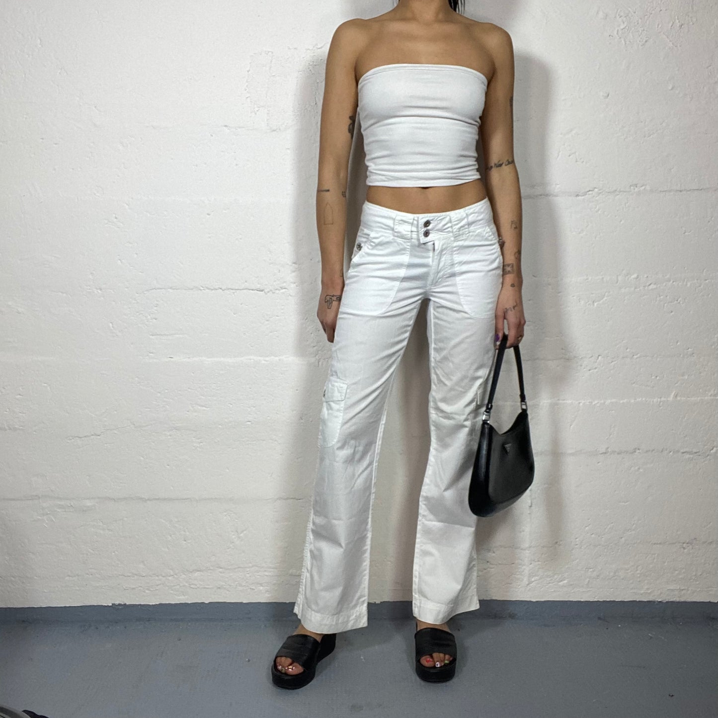 Vintage 2000's Cyber White Cargo Pants with Big Pocket Detail (S)