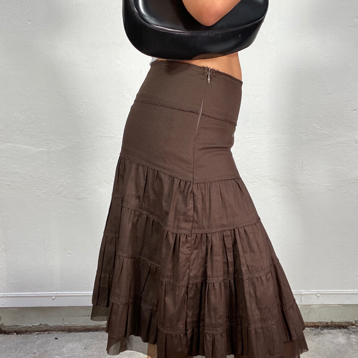 Vintage 90's Whimsgoth Girl Brown Midi Skirt with Volant and Mesh Detail (S)