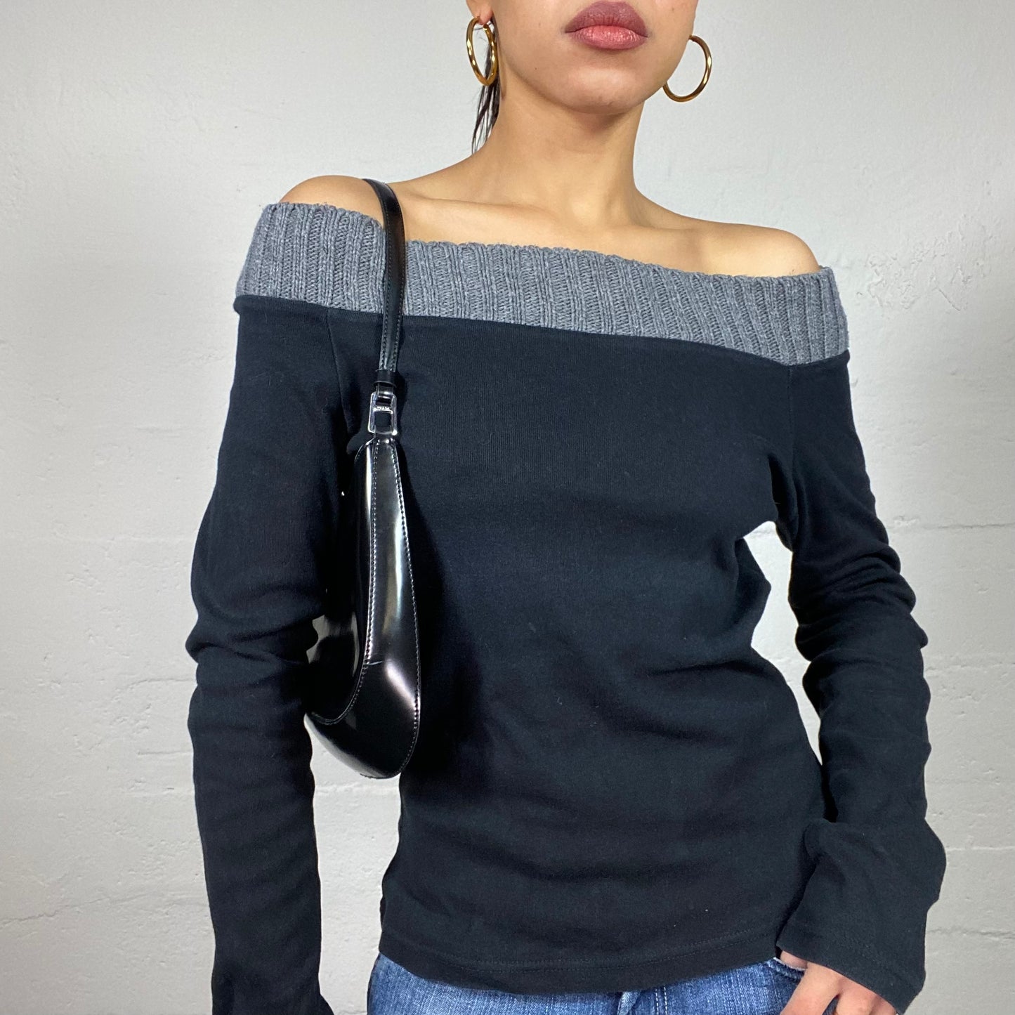 Vintage 2000's Ballet Core Black Off Shoulder Longsleeve Top with Knitted Grey Neckline Trim (S)