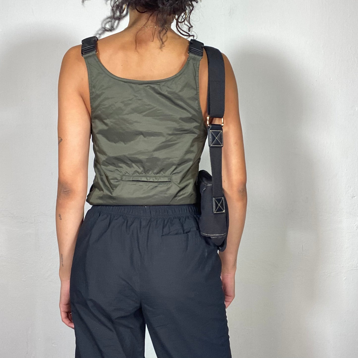 Vintage 90's Military-Inspired Khaki Rave Girl Top with Front Zipper Bag (S)