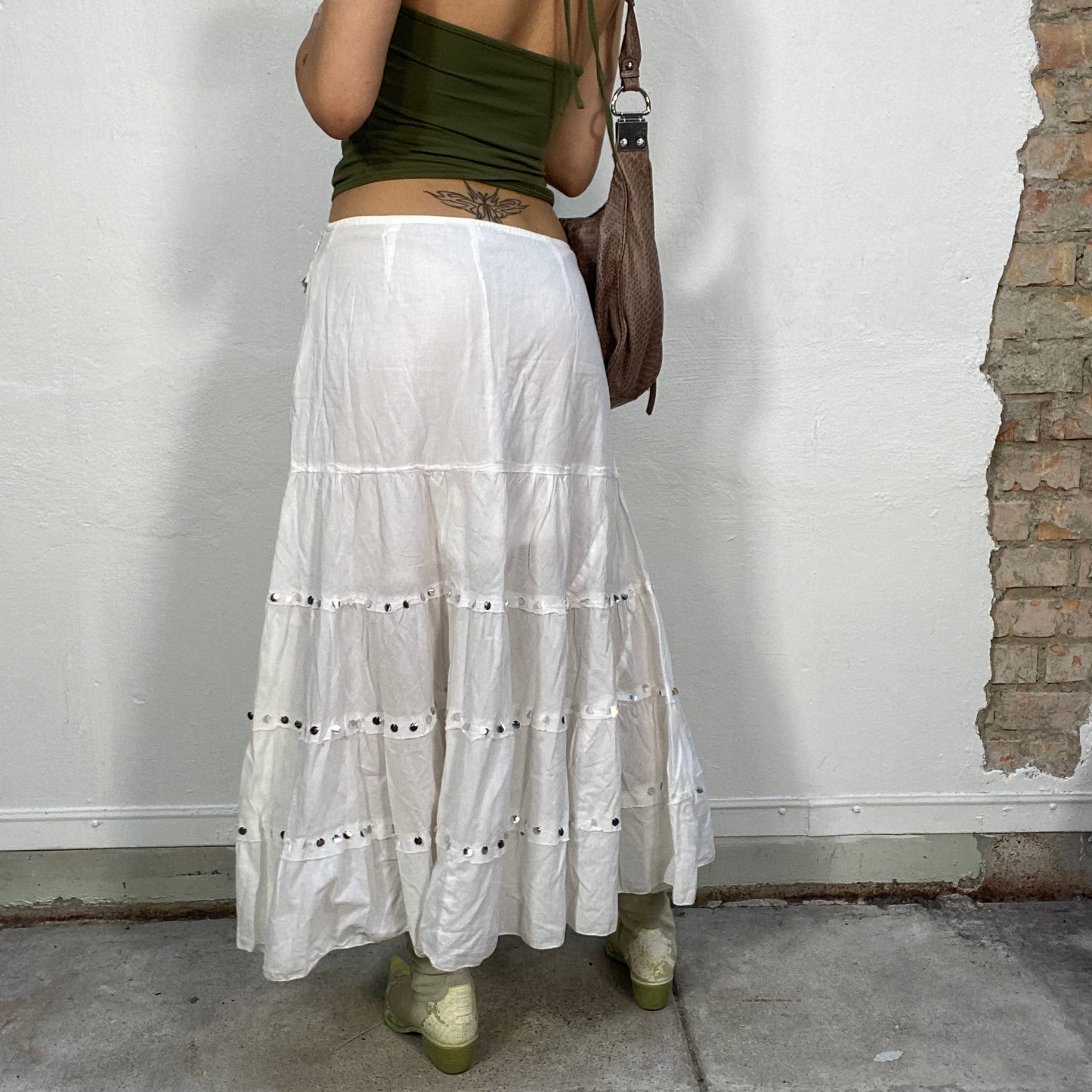 Vintage 2000's Indie White A-Line Maxi Skirt with Silver Sequin Detail (S/M)