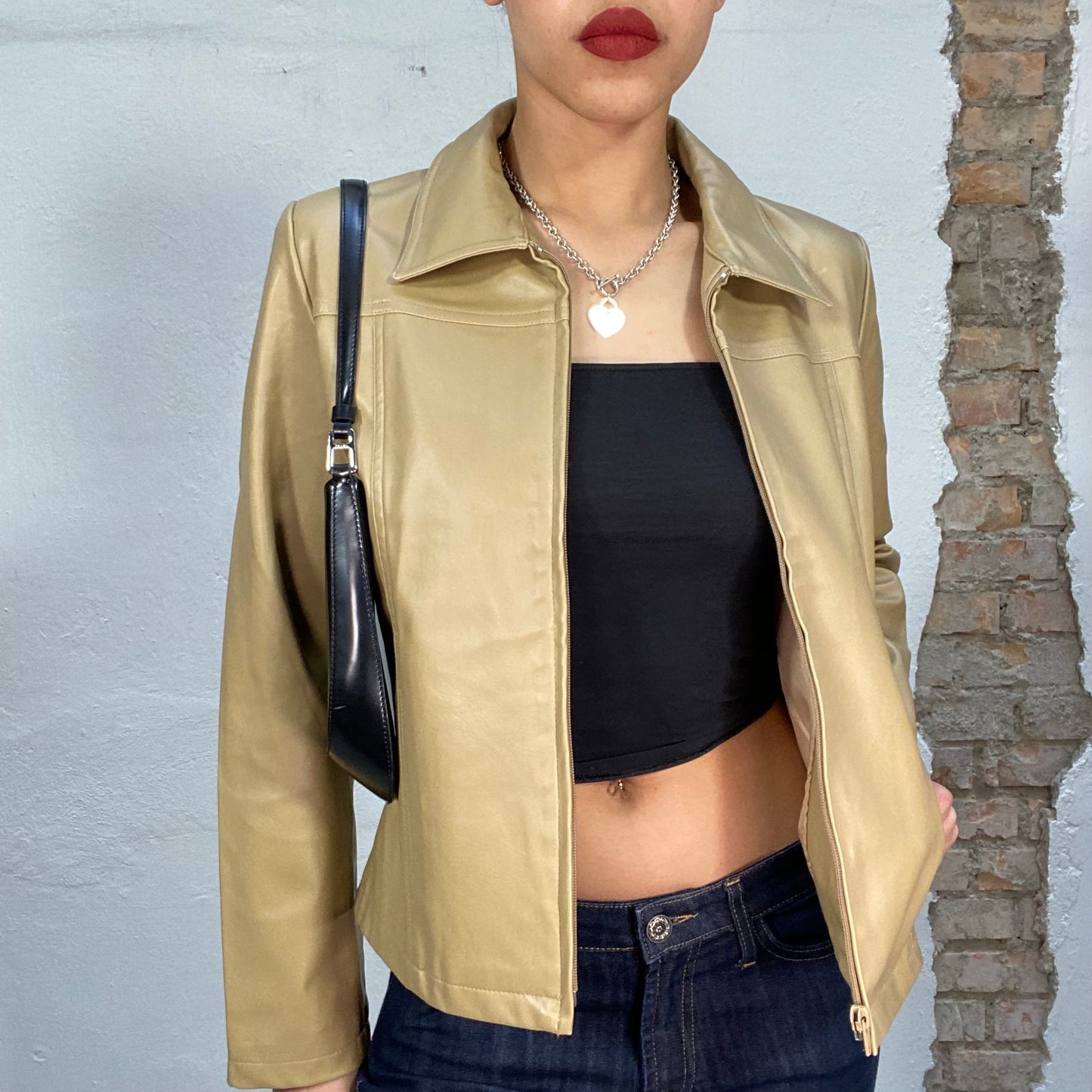 Vintage 90's Model Off Duty Beige Straight Silhouette Leatherlike Jacket (S)