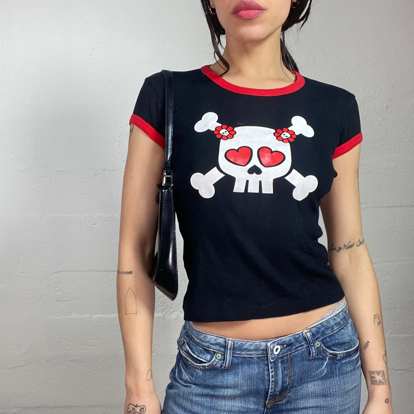 Vintage 2000's Sleaze Black Top with White Cute Skull Print (S)