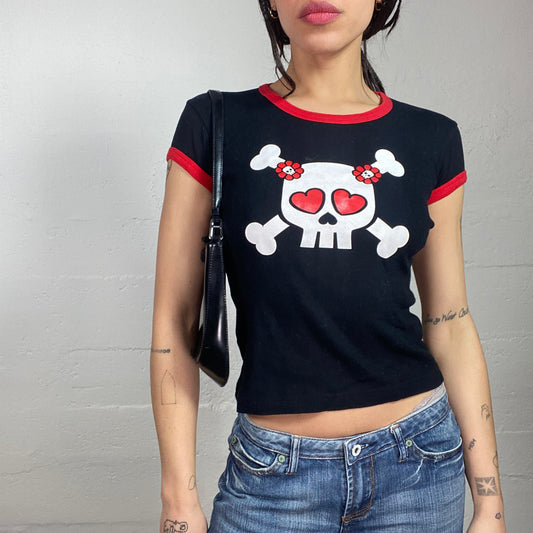 Vintage 2000's Sleaze Black Top with White Cute Skull Print (S)