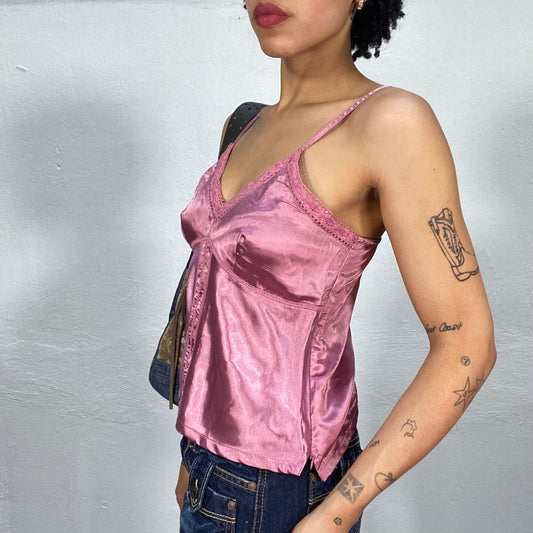 Vintage 2000's Soft Girl Pink Satin Cami Top with Crochet Neckline Trim (S)