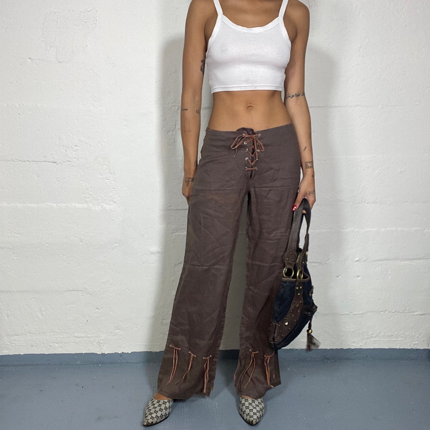 Vintage 90's Sleaze Brown Culotte Pants with Tie Up Pants and Bottom Detail (S)