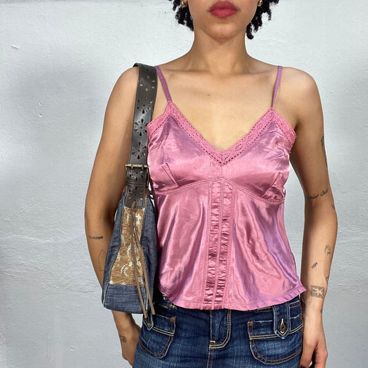 Vintage 2000's Soft Girl Pink Satin Cami Top with Crochet Neckline Trim (S)