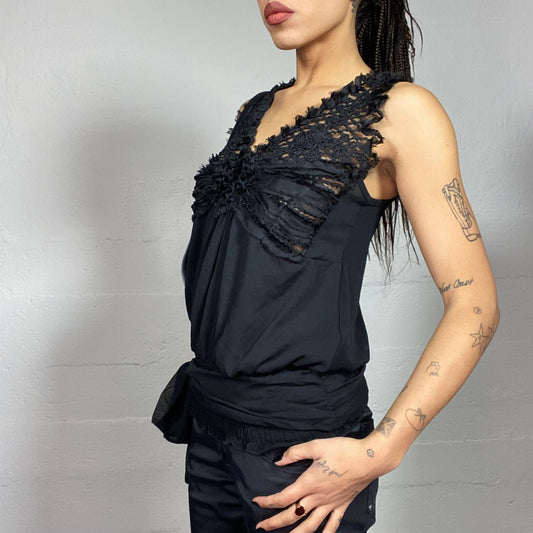 Vintage 2000's Model Off Duty Black Blouse with Chest Rosette and Crochet Straps Detail (M)