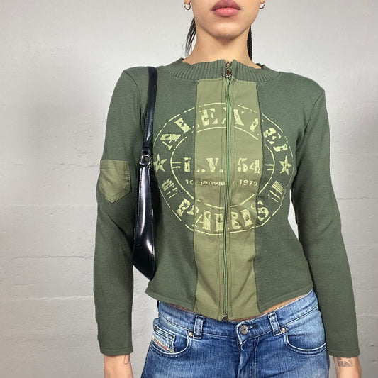Vintage 2000's Rave Khaki Zip-Up Hoodie with Army Print Stamp Detail (S)
