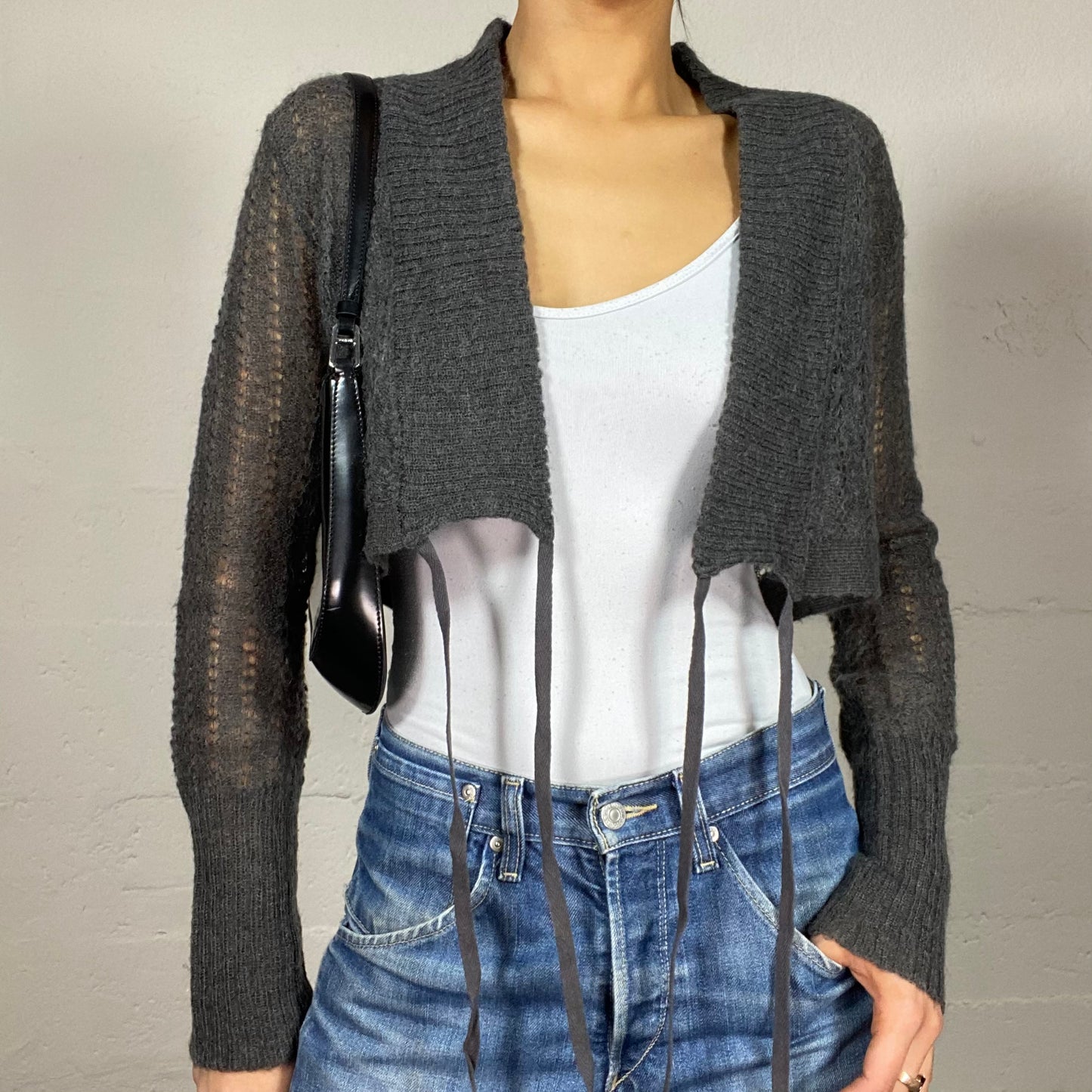 Vintage 2000's Archive Grey Knit Bolero with Fringes Detail (M)