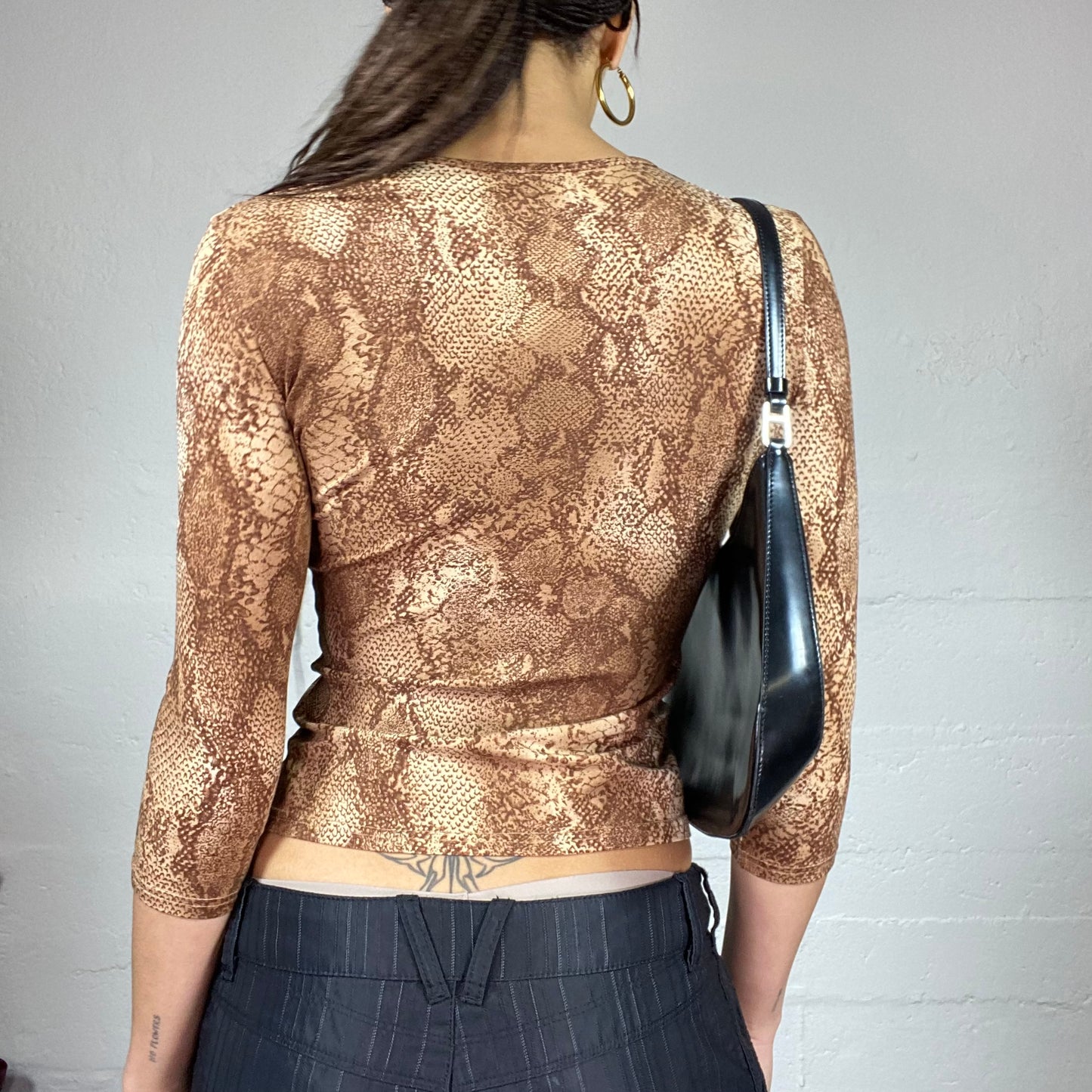 Vintage 2000's Clubwear Brown 3/4 Sleeve Top with Serpent Print (S)