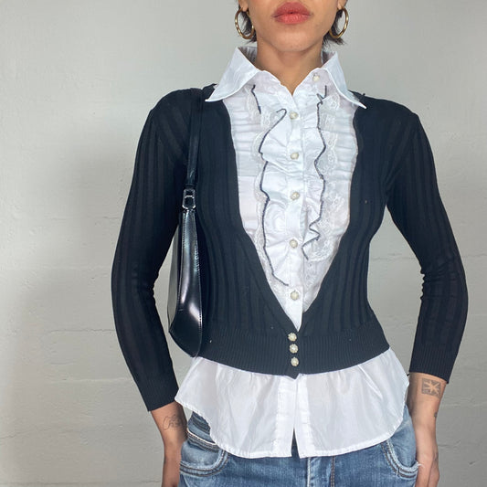 Vintage 2000's Office Girl Black Layered Pullover Shirt with Big Collar Detail (S)