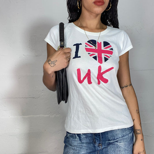 Vintage 2000's Downtown Girl White Top with "I <3 Love UK" Print (S/M)