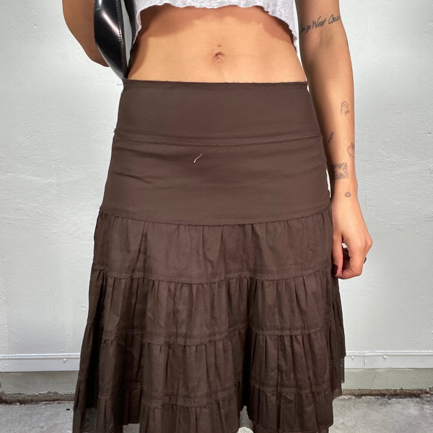 Vintage 90's Whimsgoth Girl Brown Midi Skirt with Volant and Mesh Detail (S)