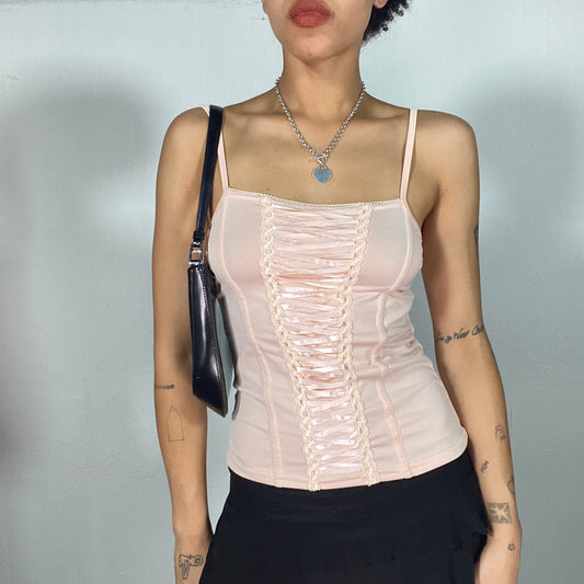 Vintage 90's Coquette Baby Pink Corset Top with Lace Up Detail (S)