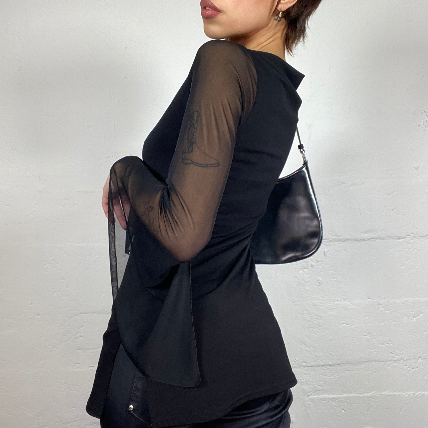 Vintage 2000's Clubwear Black Mesh Longsleeve Top with Drapped Cut (S/M)