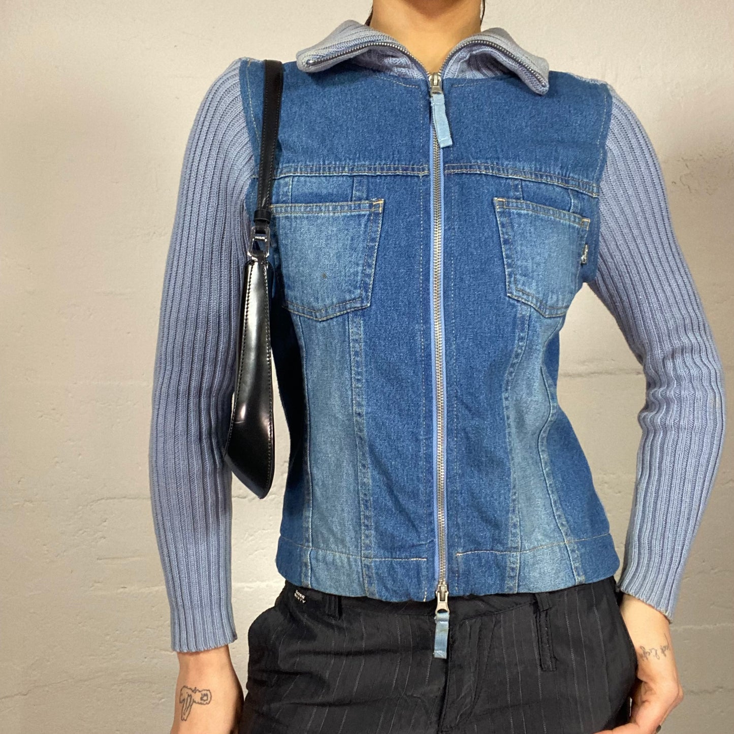 Vintage 2000's Cyber Baby Blue Maille and Denim Panel Short Jacket (S)