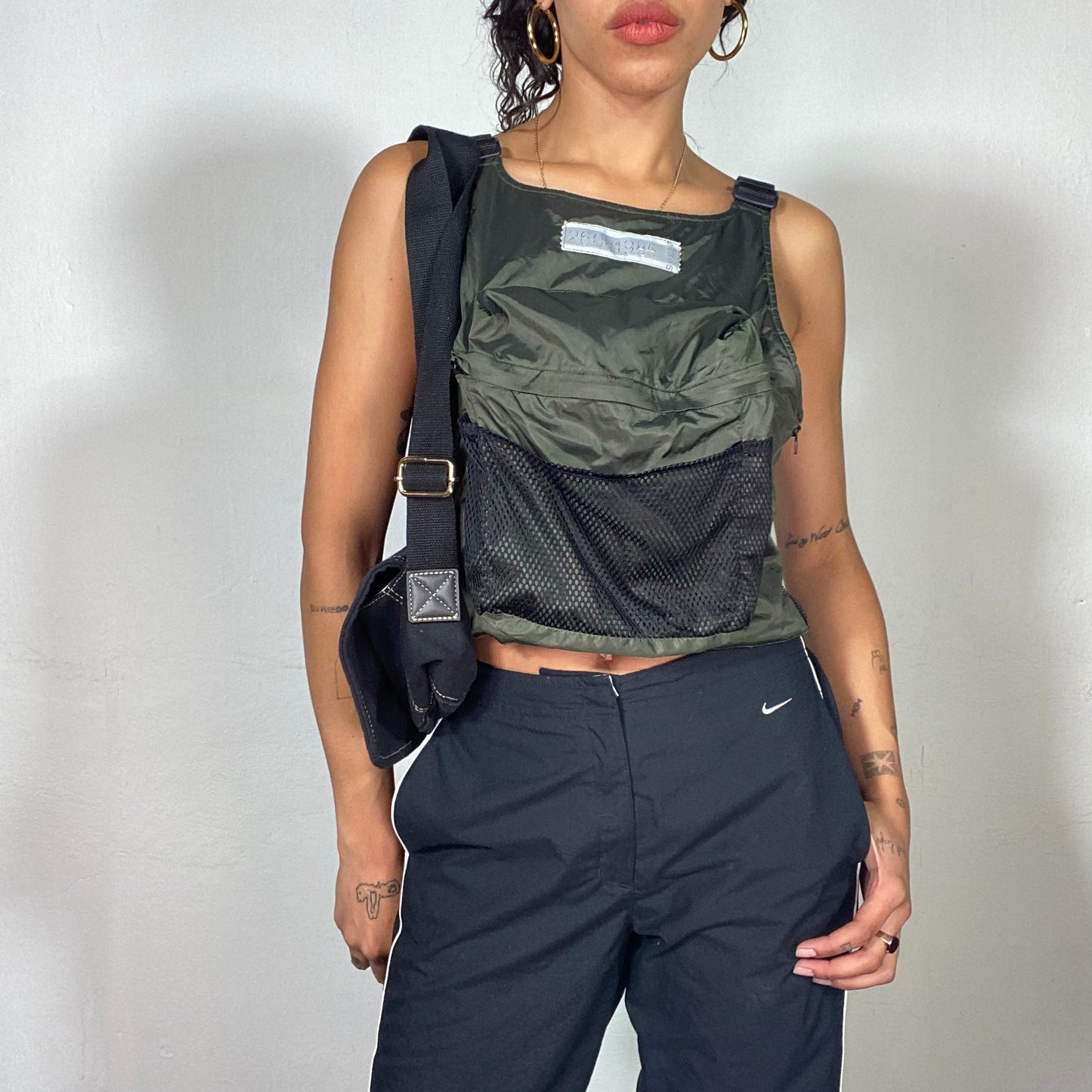 Vintage 90's Military-Inspired Khaki Rave Girl Top with Front Zipper Bag (S)