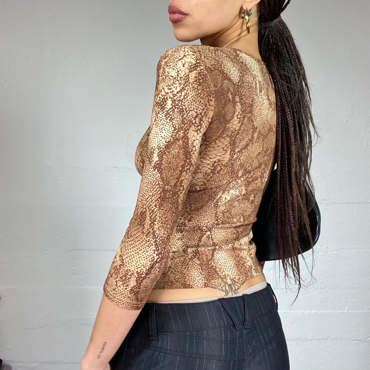 Vintage 2000's Clubwear Brown 3/4 Sleeve Top with Serpent Print (S)