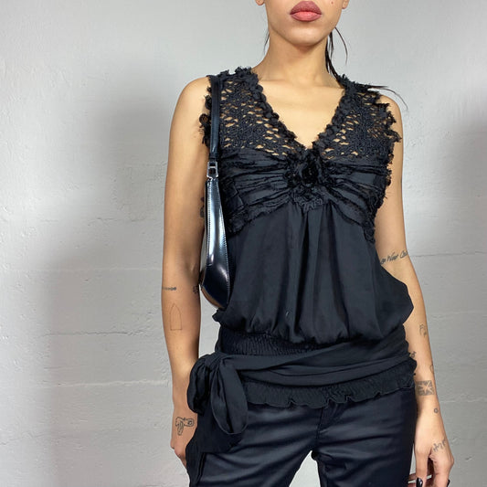 Vintage 2000's Model Off Duty Black Blouse with Chest Rosette and Crochet Straps Detail (M)