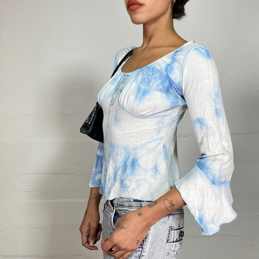 Vintage 2000's Indie Girl White Longsleeve Blouse with Blue Tie Dye Print (S)