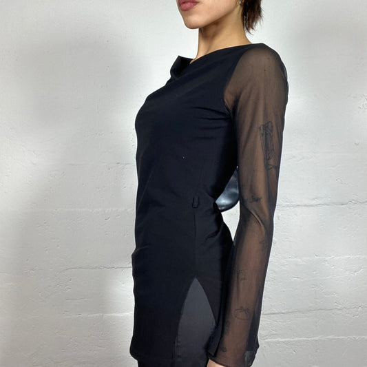 Vintage 2000's Clubwear Black Mesh Longsleeve Top with Drapped Cut (S/M)