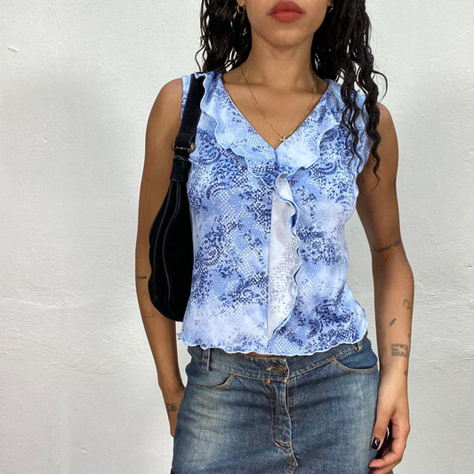 Vintage 90's Summer Blue Top with Floral Print and Frill Detail (S)