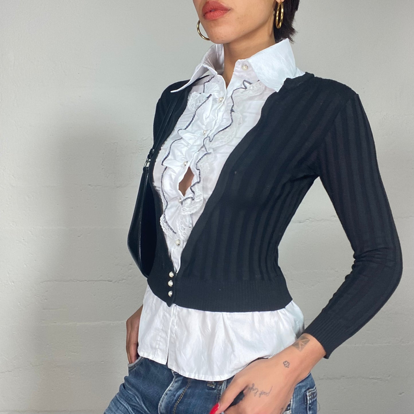Vintage 2000's Office Girl Black Layered Pullover Shirt with Big Collar Detail (S)