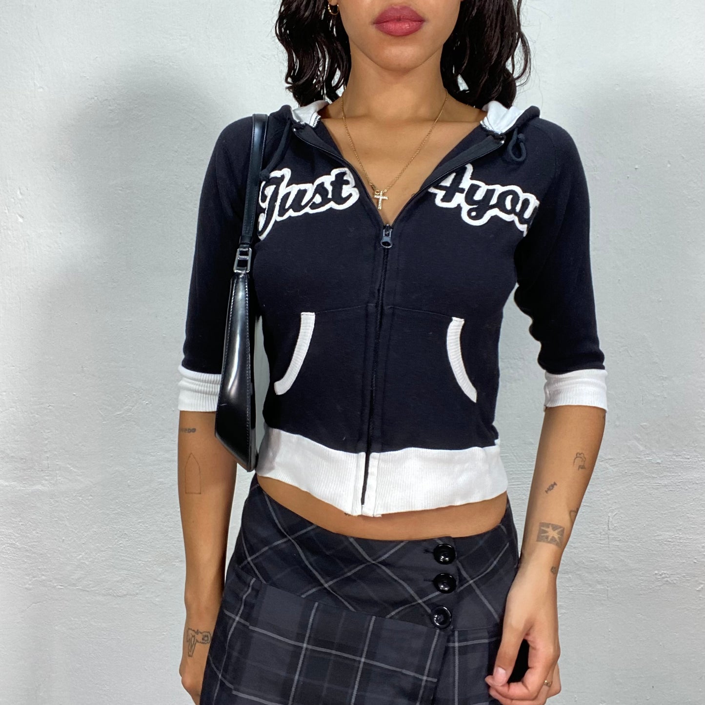 Vintage 2000's Downtown Girl Navy Blue Zip Up Sweater with White "Just 4 You" Embroidery (XS)