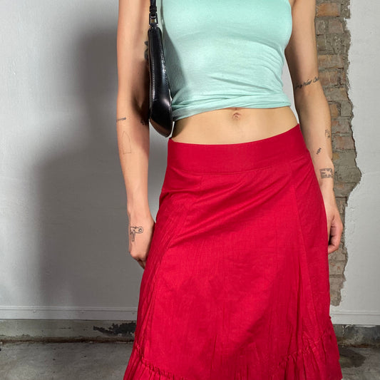 Vintage 2000's Funky Red Midi Skirt with Ruffle Trim (S)