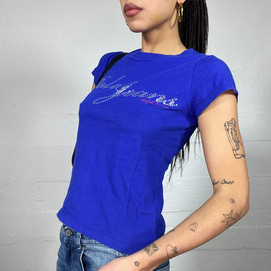 Vintage 90's Polo Jeans Downtown Girl Klein Blue Top with Strass Brand Detail (S/M)