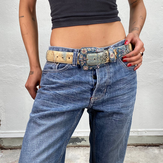 Vintage 2000's Western Turquoise and Beige Snake Belt with Chunky Silver Buckle
