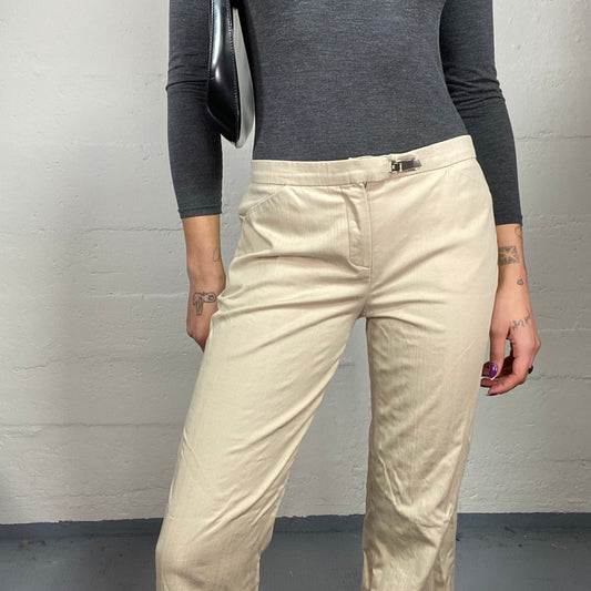 Vintage 2000's Corpcore Beige Mid Waist Office Pants with Silver Buckle Detail (S)