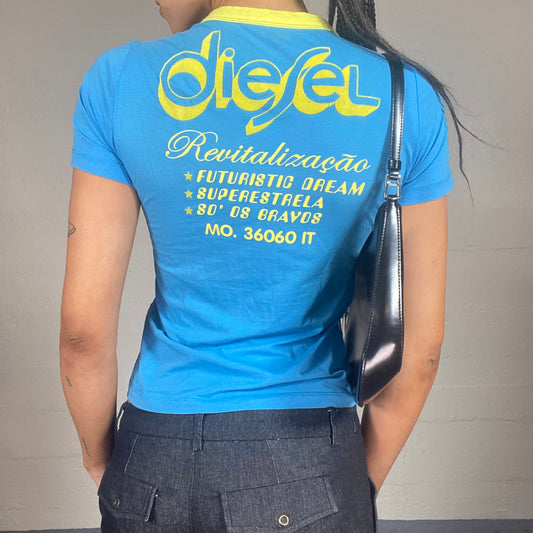 Vintage 90's Diesel Downtown Girl Blue Top with Yellow Back Print (S)