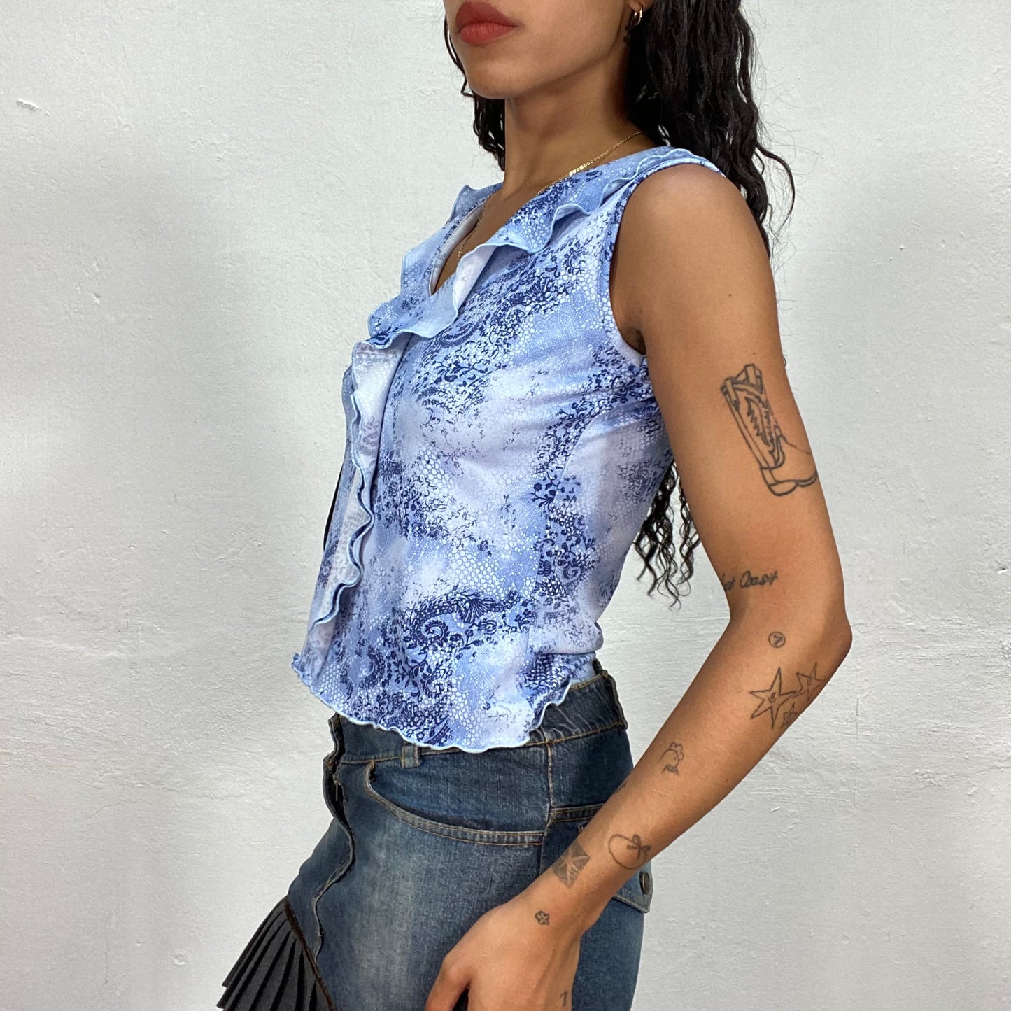 Vintage 90's Summer Blue Top with Floral Print and Frill Detail (S)