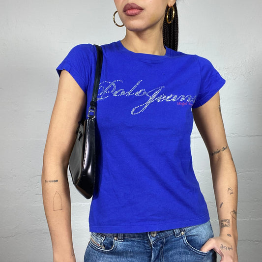 Vintage 90's Polo Jeans Downtown Girl Klein Blue Top with Strass Brand Detail (S/M)