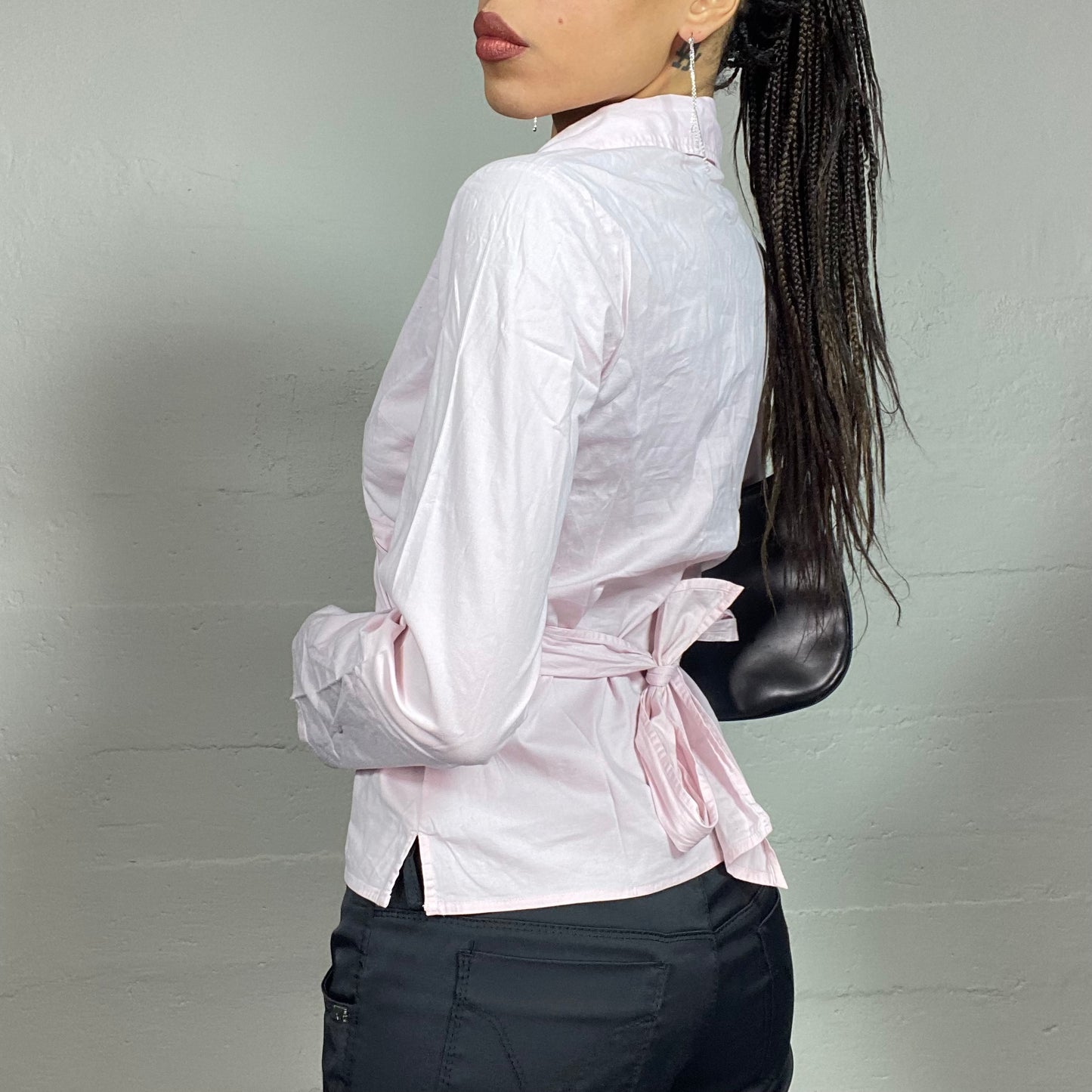 Vintage 2000's Model Off Duty Soft Pink Shirt with Big Collar and Crossed Waist Belt (S)