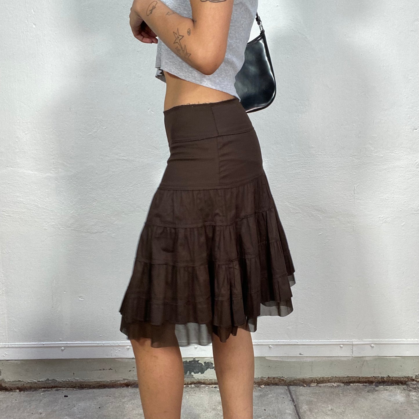 Vintage 90's Whimsgoth Girl Brown Midi Skirt with Volant and Mesh Detail (S)