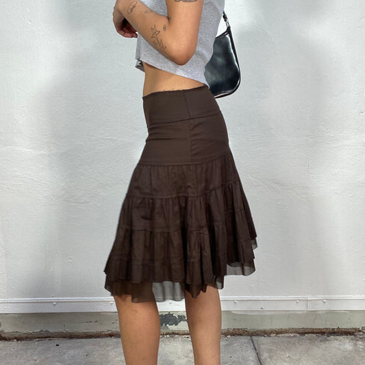 Vintage 90's Whimsgoth Girl Brown Midi Skirt with Volant and Mesh Detail (S)