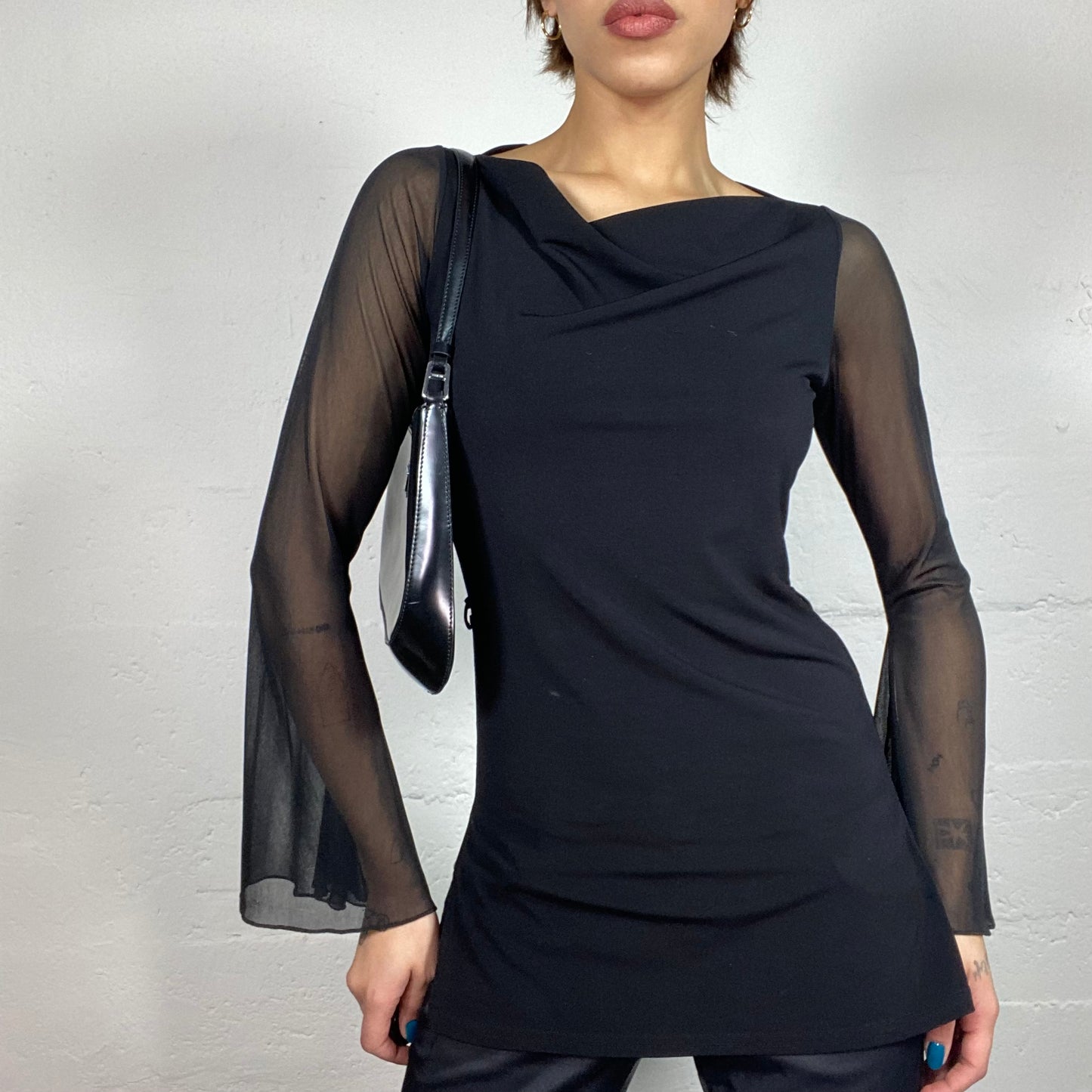 Vintage 2000's Clubwear Black Mesh Longsleeve Top with Drapped Cut (S/M)