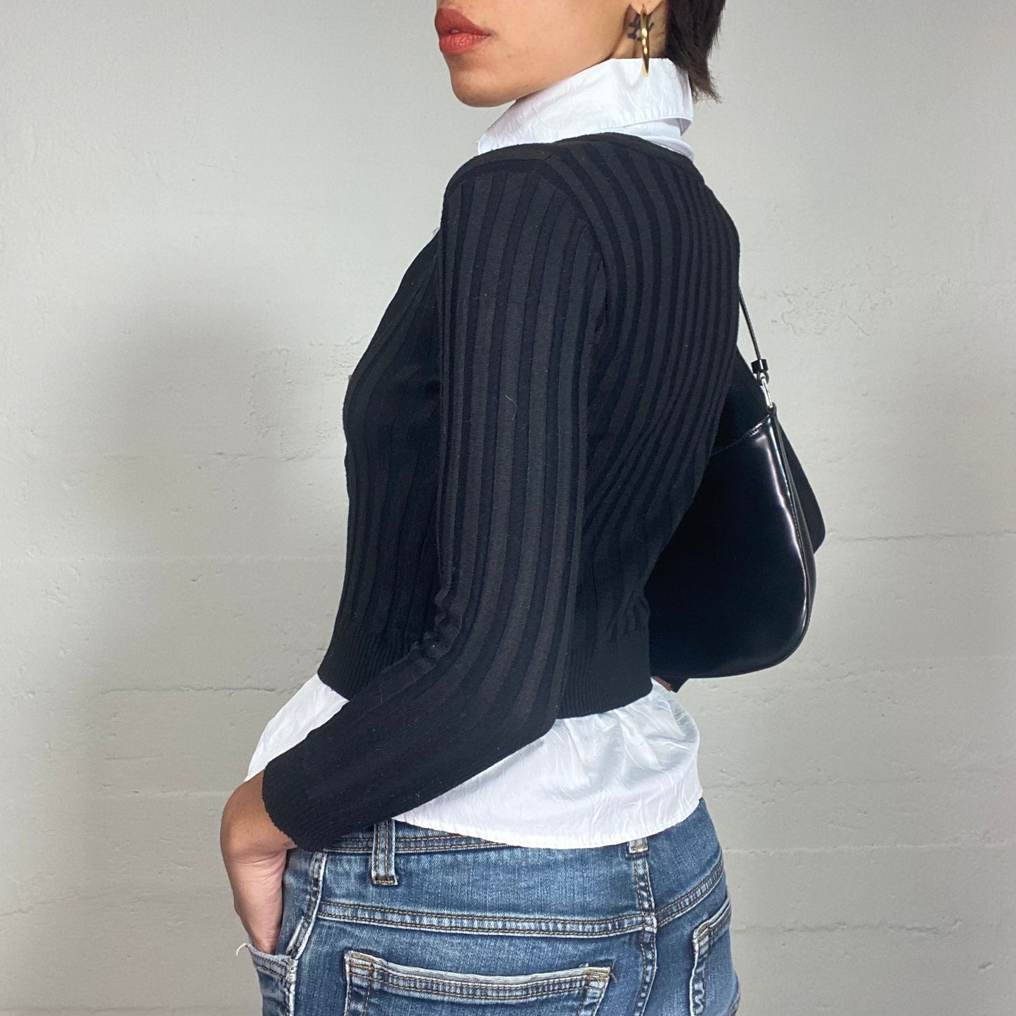 Vintage 2000's Office Girl Black Layered Pullover Shirt with Big Collar Detail (S)