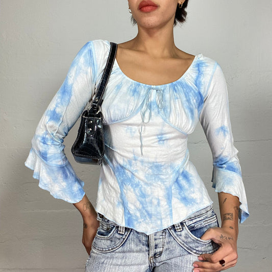 Vintage 2000's Indie Girl White Longsleeve Blouse with Blue Tie Dye Print (S)