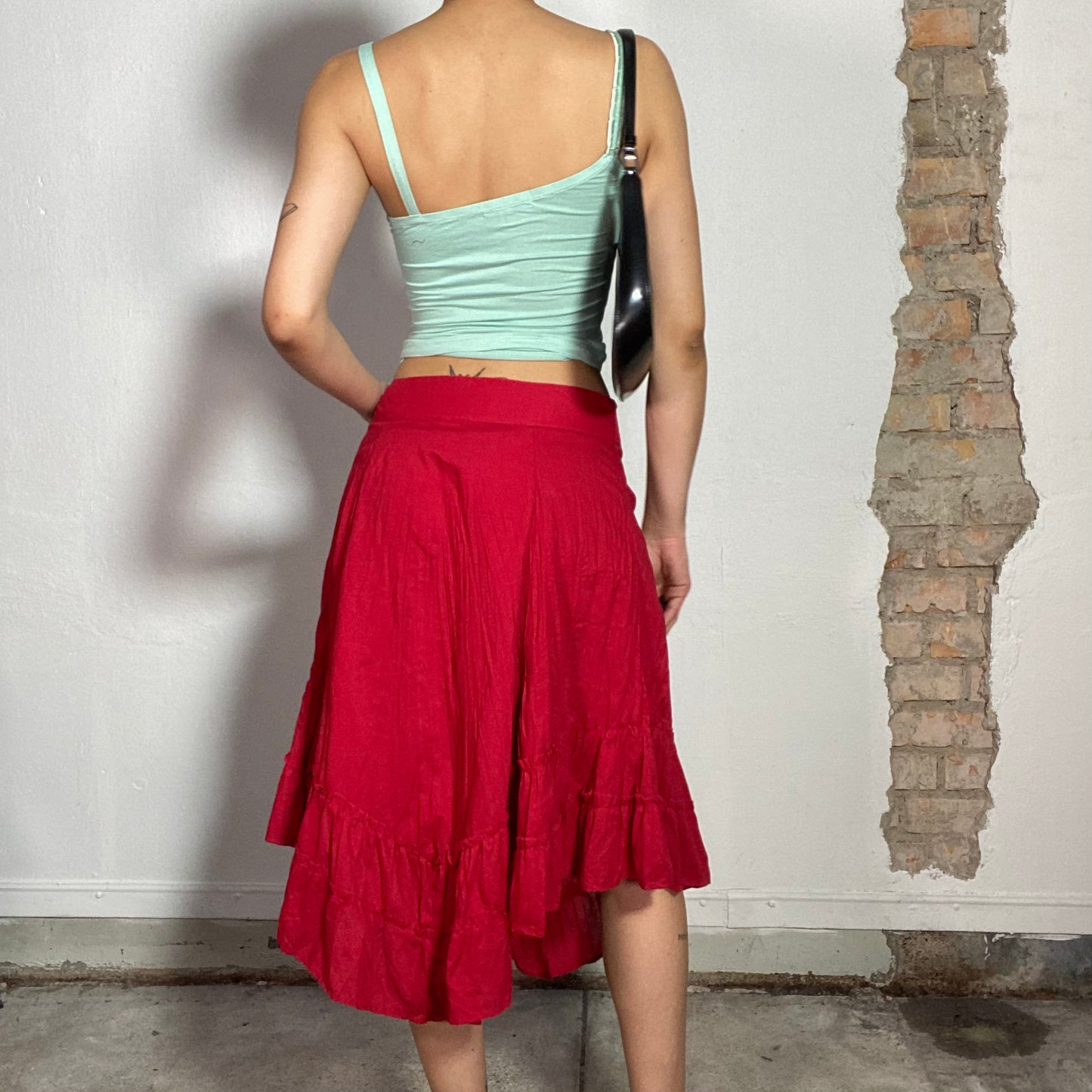 Vintage 2000's Funky Red Midi Skirt with Ruffle Trim (S)